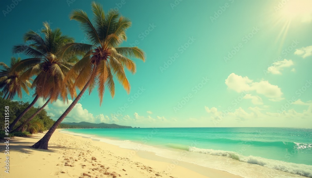 Tropical Beach Bliss: Palm Trees with Clear Blue Sky and Turquoise Waters Tropical Beach Bliss: Palm Trees with Clear Blue Sky and Turquoise Waters
