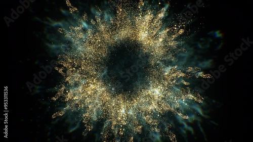 4k Gold Particles Explosion. Motion Background. Golden glitter particle. Isolated on black. Animated Overlay. 60fps. 2160p