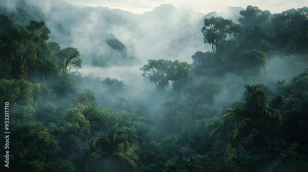 Lush tropical rainforest with dense foliage and mist covering the mountains. Lush tropical rainforest with dense foliage and mist covering the mountains.