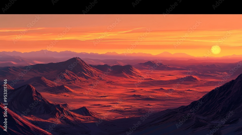 Naklejka premium A sunset over a desert mountain range, with the sky ablaze in shades of orange and pink, and the mountains casting long shadows across the arid landscape.