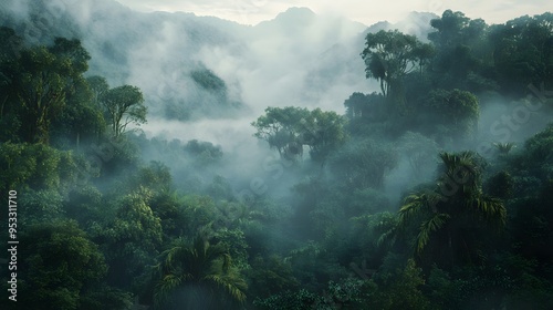 Lush tropical rainforest with dense foliage and mist covering the mountains.