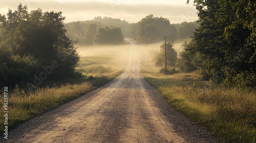 A serene rural scene featuring a long, straight dirt road stretching into the distance. Both sides of the road are flanked by vibrant, green trees and grassy fields, creating an immersive natural land