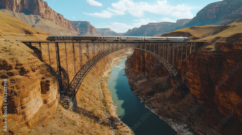 Naklejka premium A train crossing a high bridge over a deep canyon, with dramatic cliffs on either side and the river far below, showcasing engineering marvels in nature.