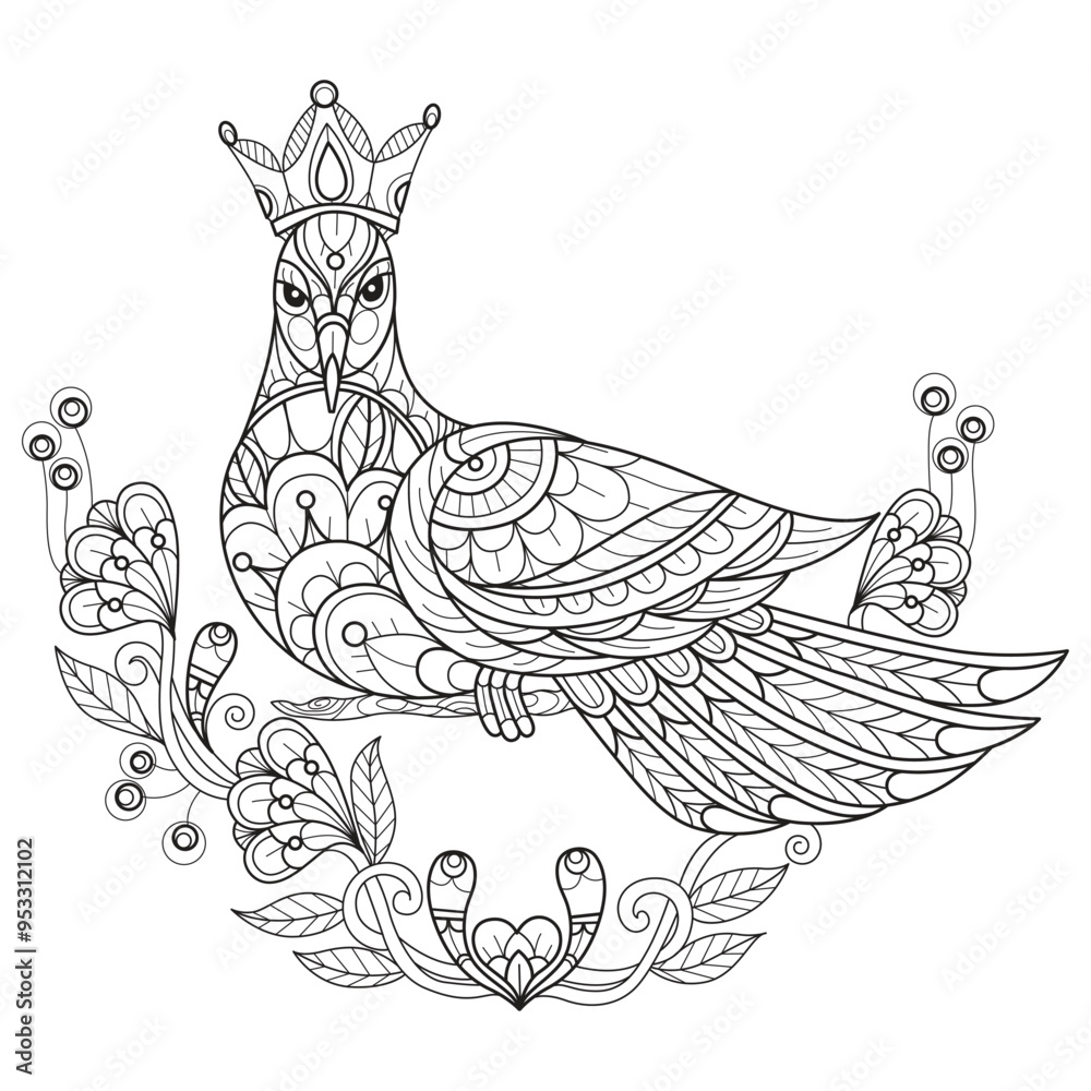 Fototapeta premium Pigeon Princess hand drawn for adult coloring book