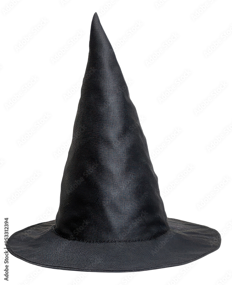 Fototapeta premium A classic black witch hat, perfect for Halloween, costume parties, or theatrical performances. Elevate your spooky look today!