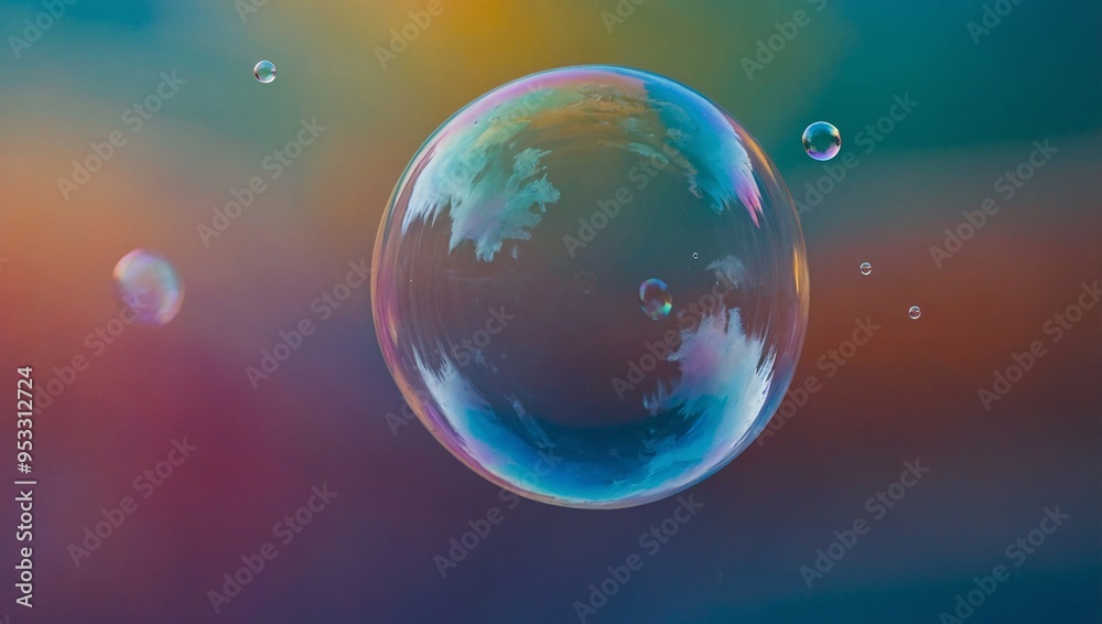 A bubble frozen mid-air against a colorful, blurred background, capturing its ephemeral nature.