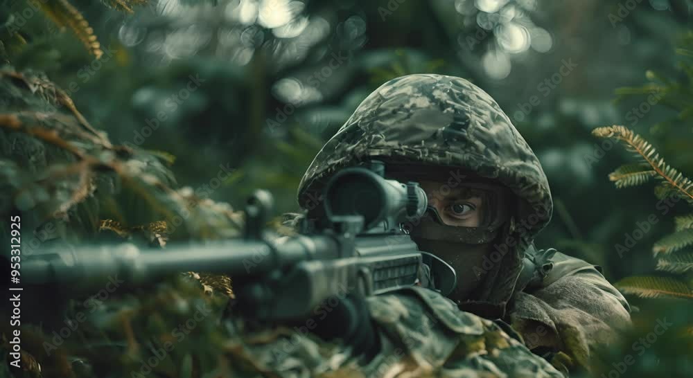 Camouflaged Sniper Peering Through Dense Foliage Camouflaged Sniper Peering Through Dense Foliage