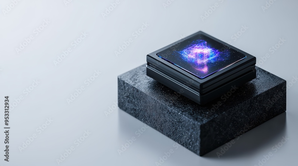 Obraz premium Modern quantum computer processor displayed on a sleek surface, showcasing advanced technology and innovation.