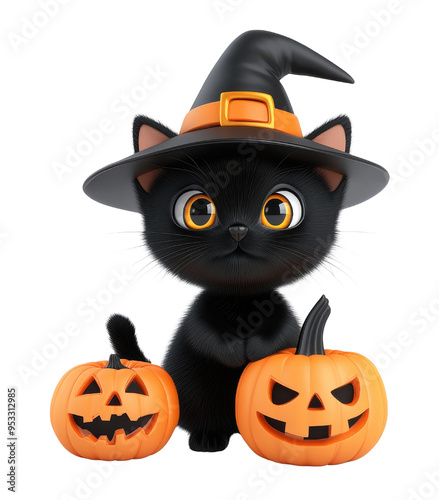 A cute black cat wearing a witch hat beside two festive pumpkins, perfect for Halloween-themed designs.