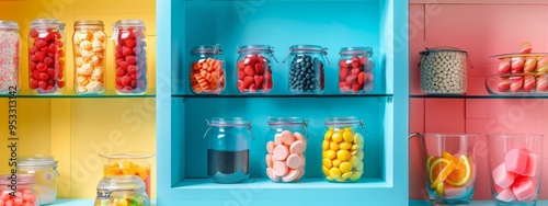 Colorful glass jars filled with candies and sweets on shelves