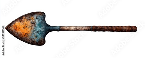 Rusty rustic shovel with a worn handle, perfect for gardening, landscaping, or outdoor projects. photo