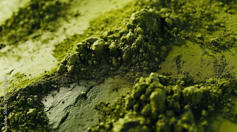 Detailed close-up image of green powder with textured, uneven surface and clumps, capturing an abstract, natural landscape-like view. Detailed close-up image of green powder with textured, uneven surface and clumps, capturing an abstract, natural landscape-like view.
