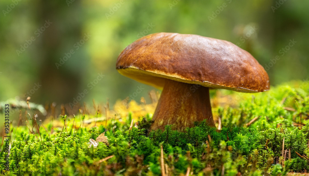 Brown mushroom growing in green forest. Autumn harvest. Brown mushroom growing in green forest. Autumn harvest.