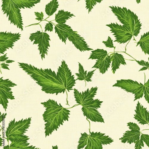 Vintage retro style nettle leaf pattern on vintage beige fabric background, seamless repeating pattern, textile print style, minimal, retro plant design, seamless nettle leaf pattern, stationery