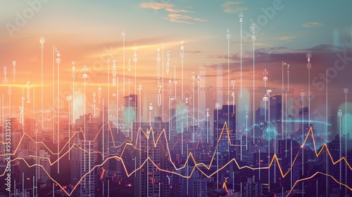 Cityscape Growth: A panoramic view of a modern city skyline at sunset, overlaid with dynamic lines and arrows symbolizing economic growth, progress, and innovation. This image evokes a sense of ambiti photo