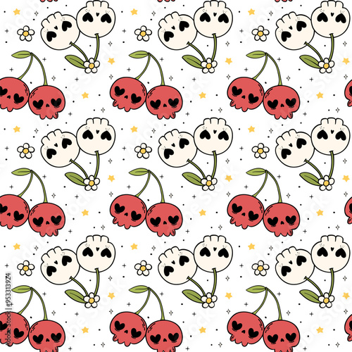 Groovy Retro Halloween Seamless skull cherries Pattern Lined Doodle Background Funky Design