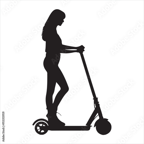 People men women and children riding kick electric urban scooter silhouette white background
