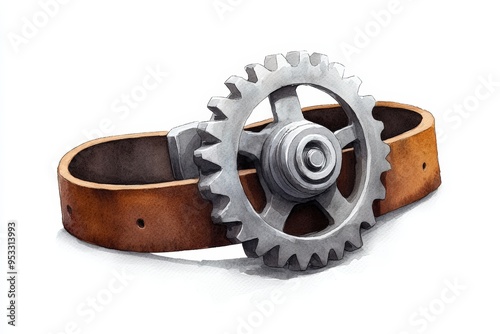 Stylish leather belt featuring a unique metallic gear buckle, blending mechanics with fashion in an innovative design. photo