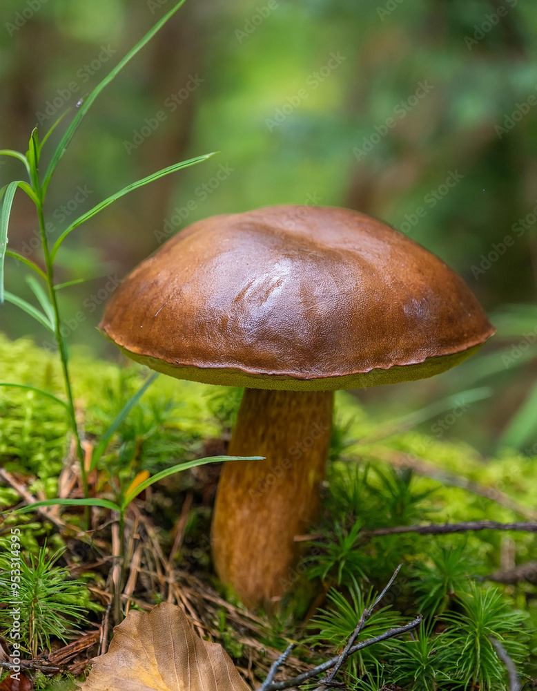 Brown mushroom growing in green forest. Autumn harvest. Brown mushroom growing in green forest. Autumn harvest.