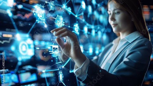 hand interacting with digital interface - abstract blue technology background - futuristic concept.