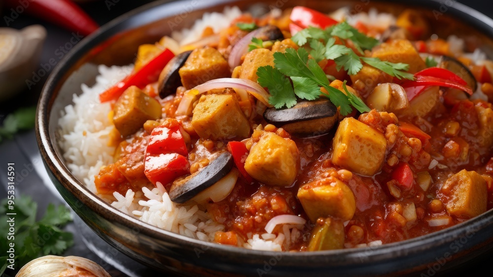 A dish of Indian cuisine. Chana Masala with rice and mushrooms. A dish of Indian cuisine. Chana Masala with rice and mushrooms.