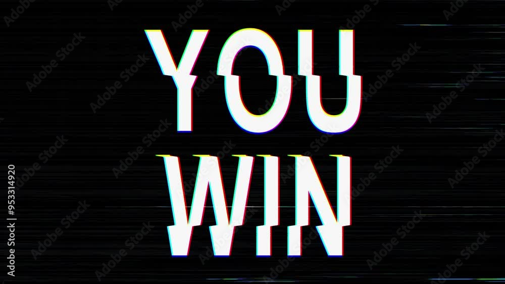 You Win text animation with a glitch effect. Cyberpunk text with an old TV distortion effect. Retro, vintage 8-bit game style. You Win text animation with a glitch effect. Cyberpunk text with an old TV distortion effect. Retro, vintage 8-bit game style.