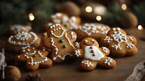 Gingerbread cookies with white icing and festive decorations on a wooden background. photo