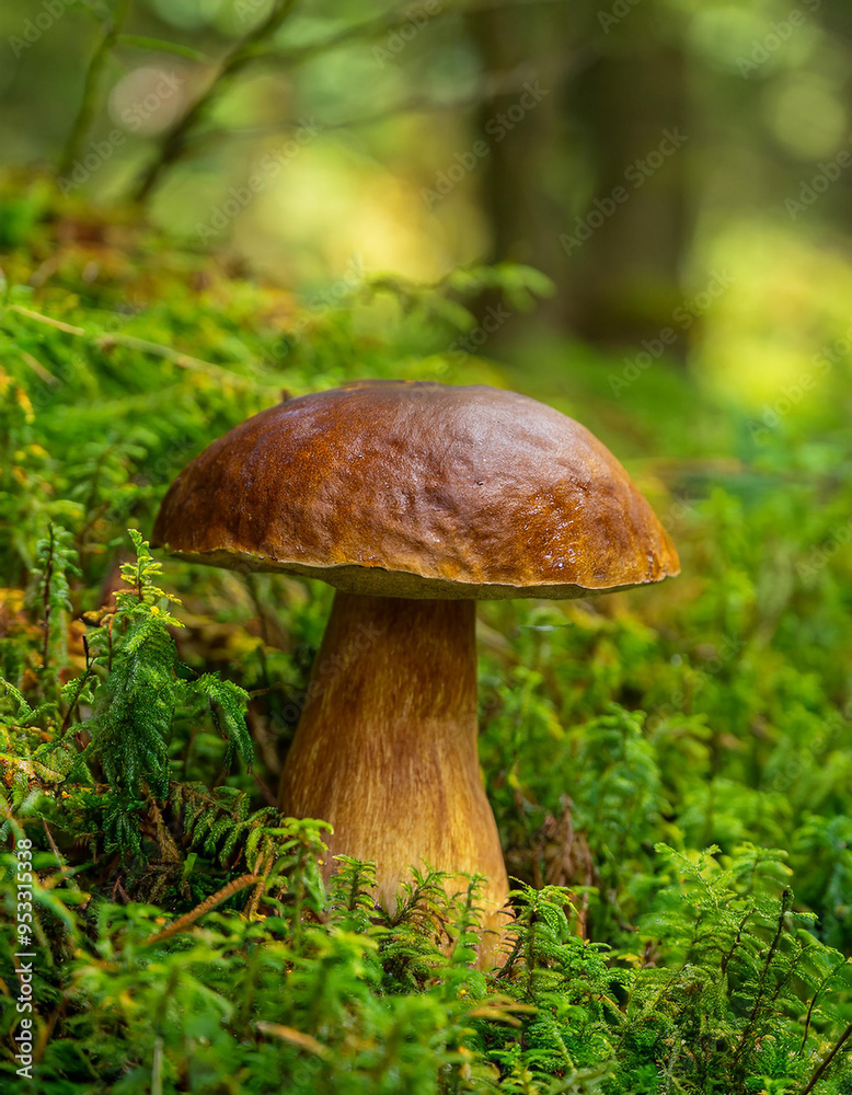 Brown mushroom growing in green forest. Autumn harvest. Brown mushroom growing in green forest. Autumn harvest.