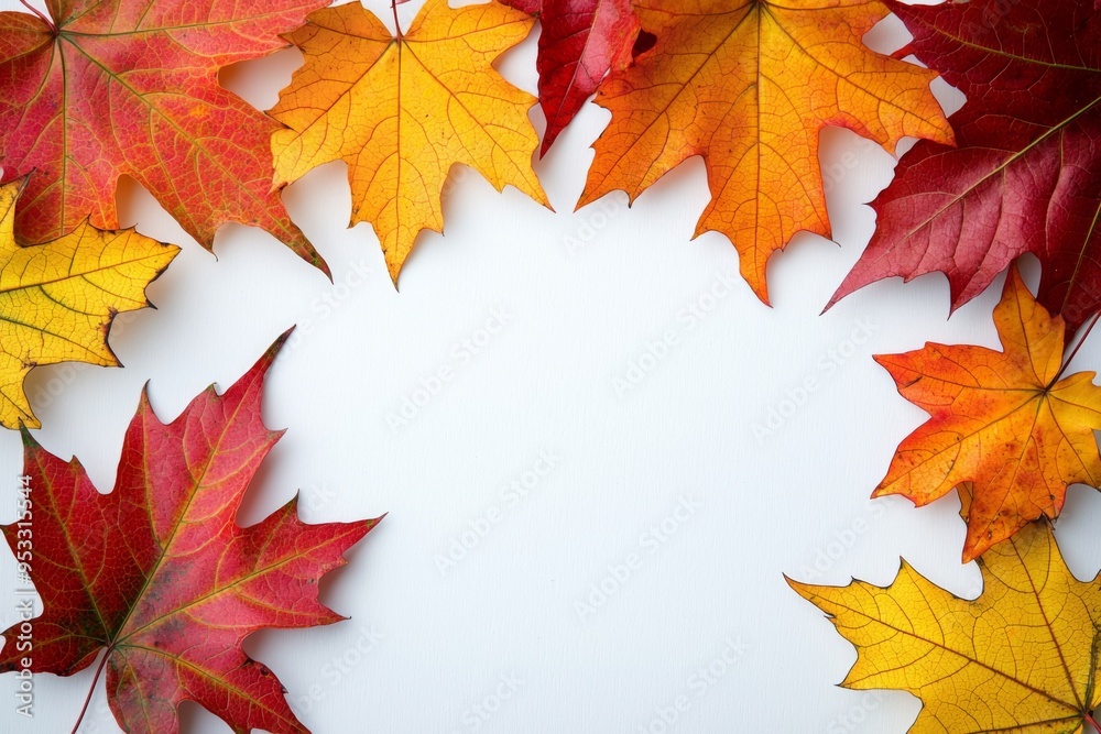 Fototapeta premium Autumn Maple Leaves Flat Lay White Background created with Generative AI