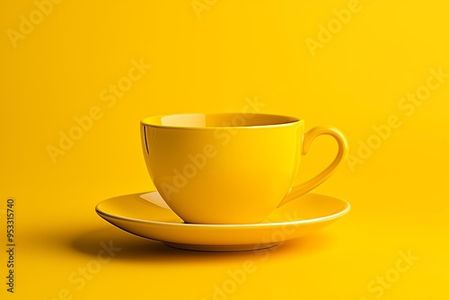 Vibrant yellow tea cup and saucer on matching yellow background, emphasizing simplicity and elegance.