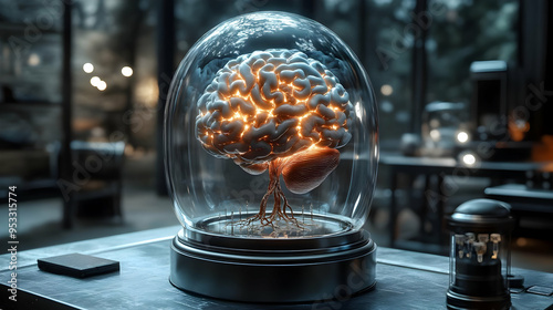 Glowing brain in glass dome...