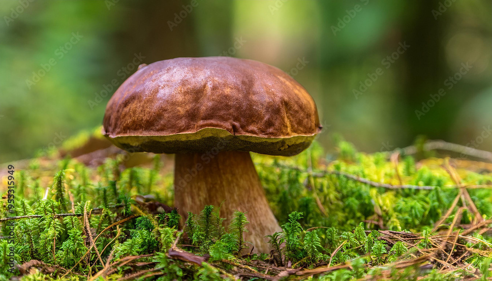 Brown mushroom growing in green forest. Autumn harvest. Brown mushroom growing in green forest. Autumn harvest.