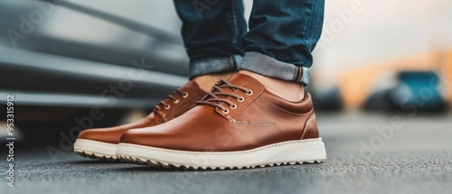 Closeup of Brown Leather Shoes with White Sole photo