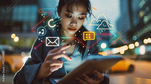 A person is holding a mobile phone with a colorful screen showing various icons of social media information.