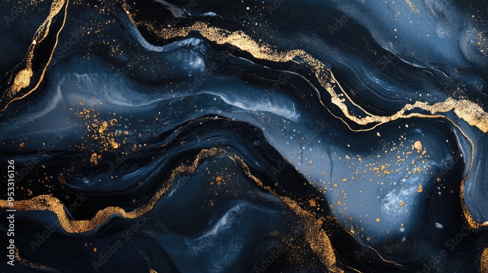 Abstract dark blue and gold liquid art texture with white and gold glitter. Abstract dark blue and gold liquid art texture with white and gold glitter.