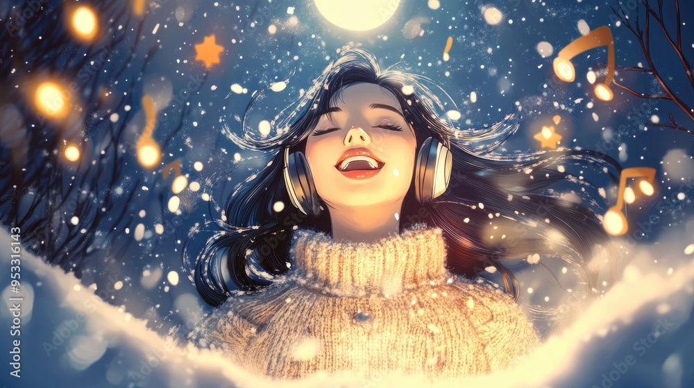 A joyful girl enjoying music in a snowy landscape, surrounded by falling snowflakes.