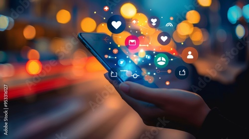 A person is holding a mobile phone with a colorful screen showing various icons of social media information.