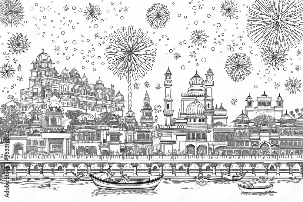 Obraz premium Black and white illustration of an elaborate indian cityscape with people enjoying a fireworks show