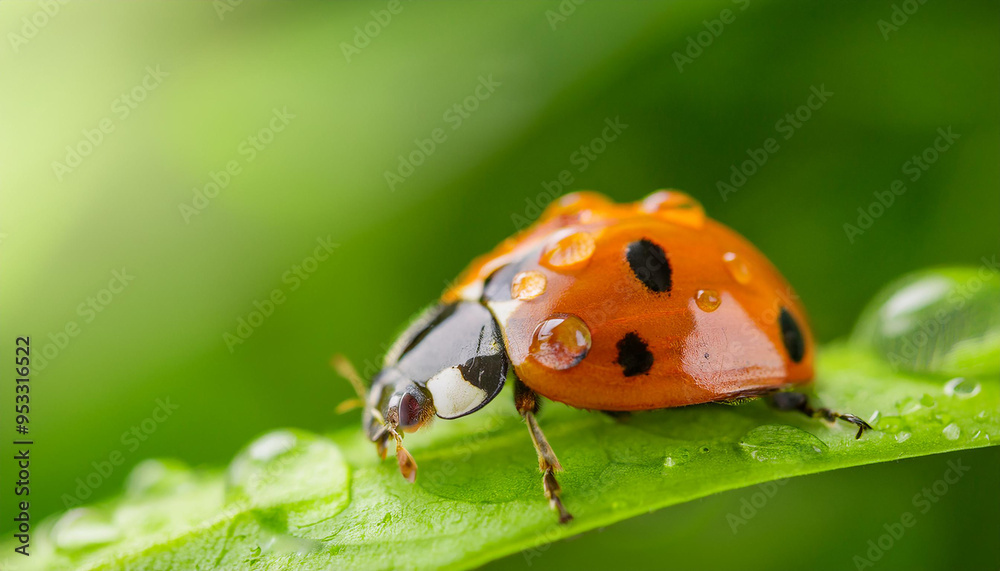 Lady bug on green leaf. Small insect. Ecology and environment concept. Close-up. Lady bug on green leaf. Small insect. Ecology and environment concept. Close-up.