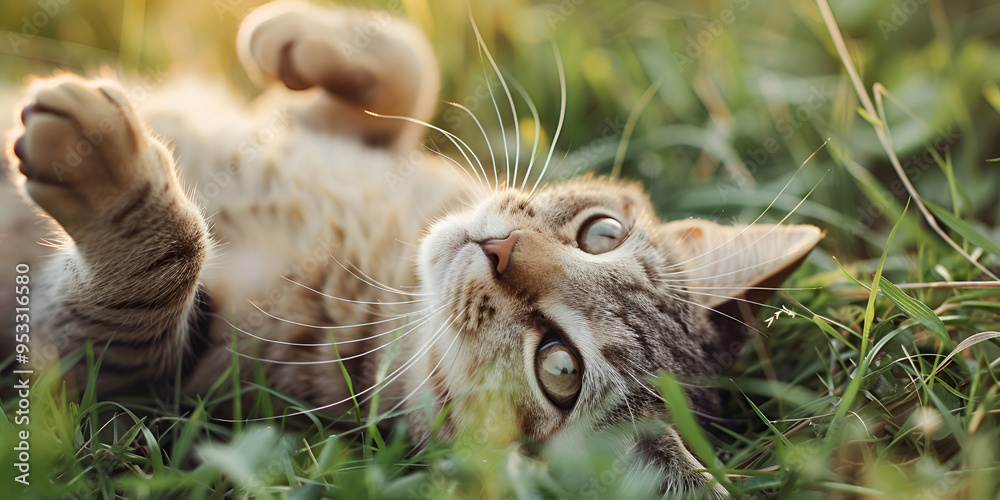 Content Cat Rolling Playfully in Lush Grass Content Cat Rolling Playfully in Lush Grass