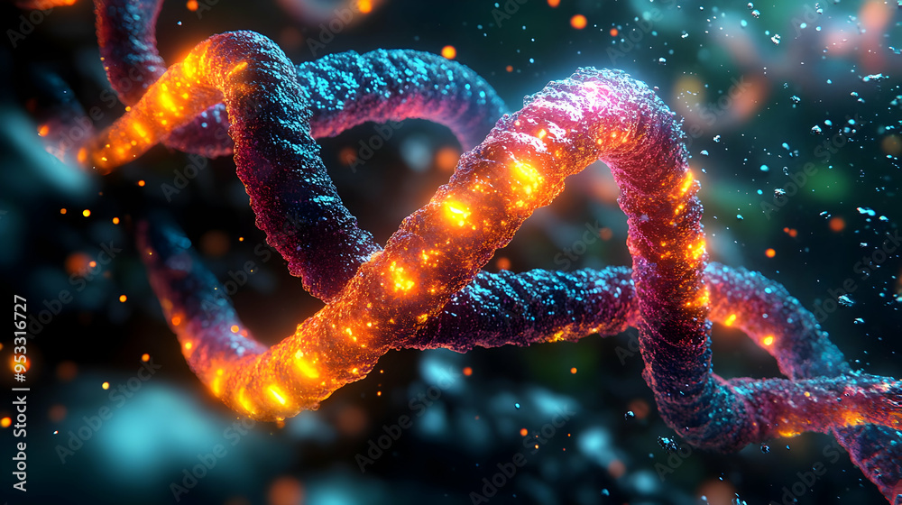 Glowing orange and blue DNA strand with a dark background. Glowing orange and blue DNA strand with a dark background.