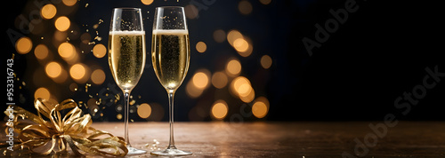 champagne glasses sparkling wine toast celebration golden bokeh blurred background bannner photo