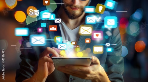 A businessman is holding a tablet with a colorful screen displaying various icons