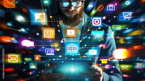 A businessman is holding a tablet with a colorful screen displaying various icons