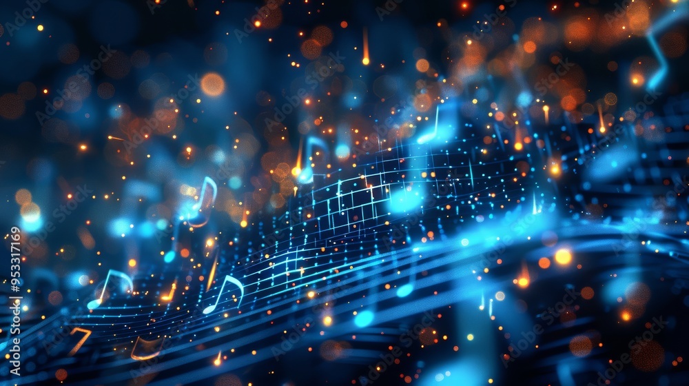 White glowing musical notes on black background, musical wave with music note and white sparkly line, light gold and dark amber tones Generative AI White glowing musical notes on black background, musical wave with music note and white sparkly line, light gold and dark amber tones Generative AI