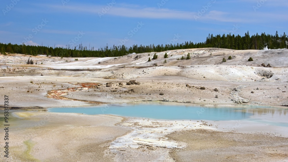 a milky blue, opalescent hot spring in the porcelain basin of norris geyser basin on a sunny summer day in yellowstone national park in wyoming a milky blue, opalescent hot spring in the porcelain basin of norris geyser basin on a sunny summer day in yellowstone national park in wyoming