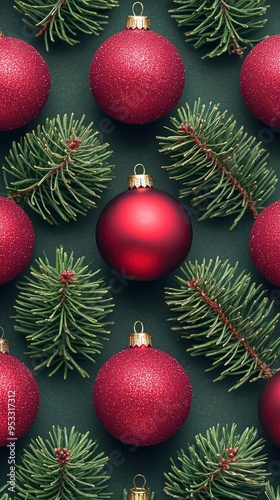 Red Christmas Baubles and Pine Branches on Green Background