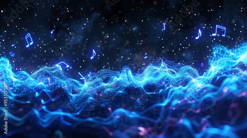 White glowing musical notes on black background, musical wave with music note and white sparkly line, light gold and dark amber tones Generative AI