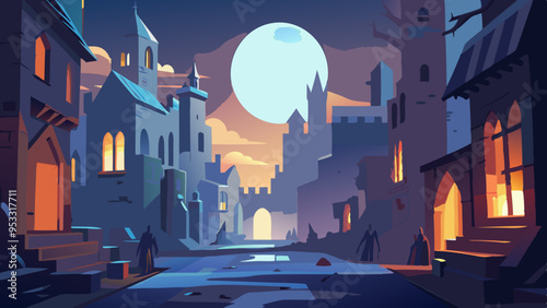 Ghosts Walking in Dark Abandoned City , Antique Dilapidated Medieval Buildings, Full Moon Glow