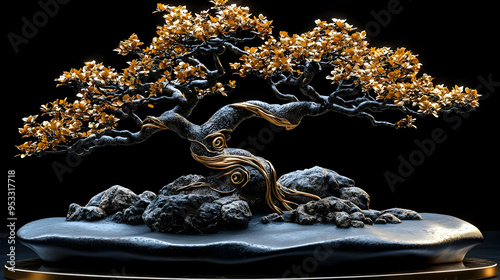 Golden Bonsai Tree with Bla...